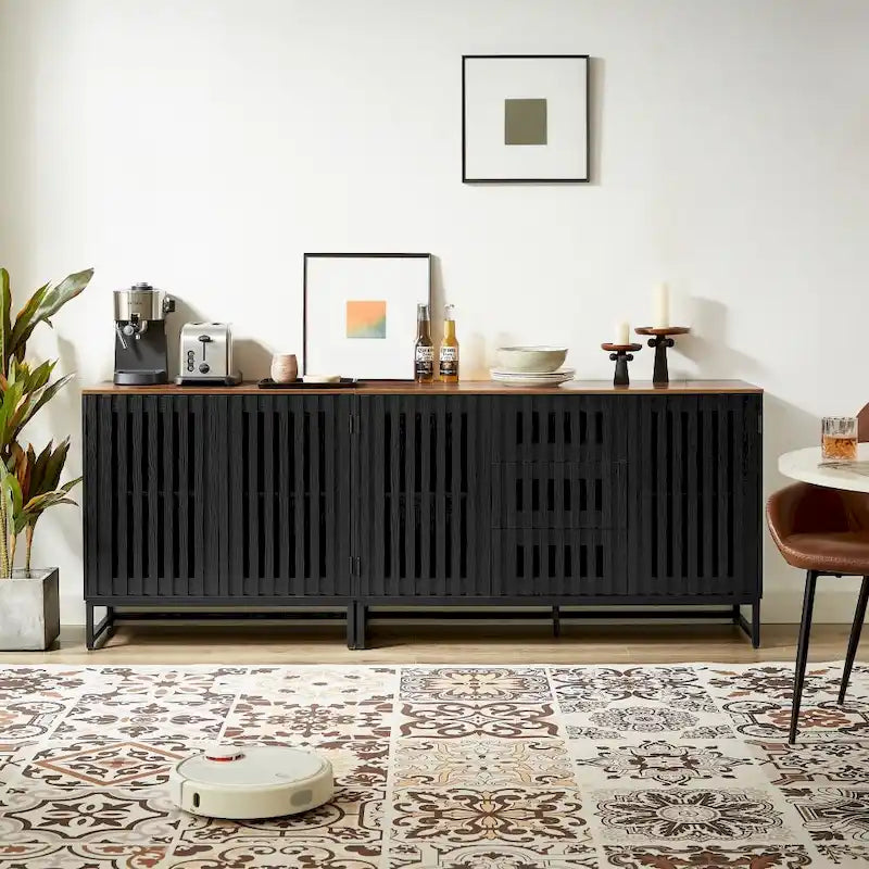 Black Storage Cabinet 3 Drawers 4 Shelves MDF Grille Door Dresser 47.3"x15.8"x30.5" Modern Buffet Sideboard for Living Room Bedroom