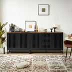Black Storage Cabinet 3 Drawers 4 Shelves MDF Grille Door Dresser 47.3"x15.8"x30.5" Modern Buffet Sideboard for Living Room Bedroom