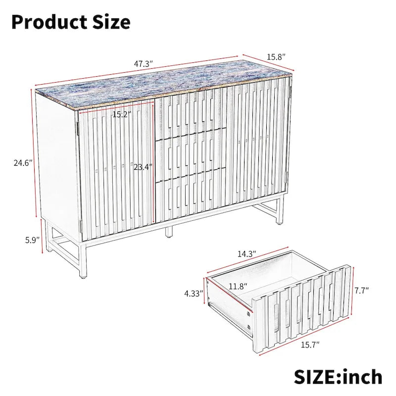 Black Storage Cabinet 3 Drawers 4 Shelves MDF Grille Door Dresser 47.3"x15.8"x30.5" Modern Buffet Sideboard for Living Room Bedroom