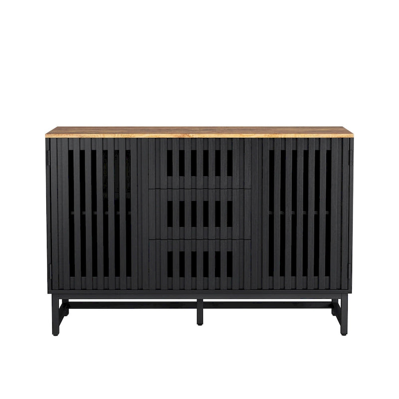 Black Storage Cabinet 3 Drawers 4 Shelves MDF Grille Door Dresser 47.3"x15.8"x30.5" Modern Buffet Sideboard for Living Room Bedroom