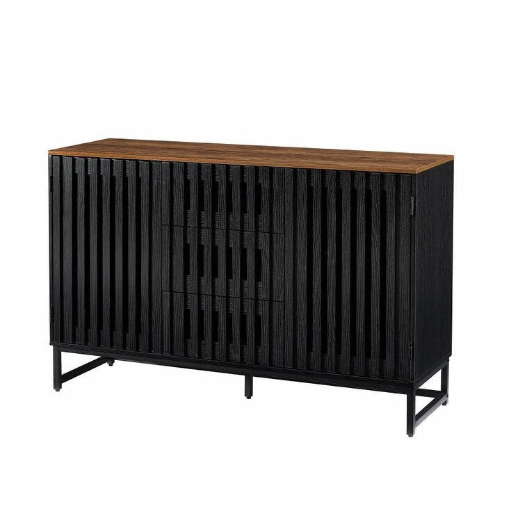 Black Storage Cabinet 3 Drawers 4 Shelves MDF Grille Door Dresser 47.3"x15.8"x30.5" Modern Buffet Sideboard for Living Room Bedroom