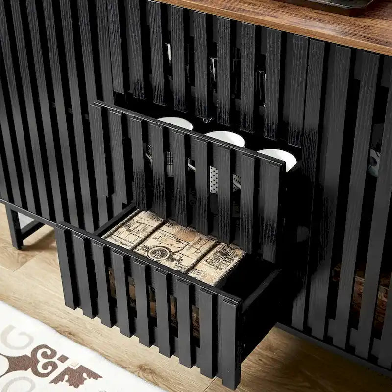Black Storage Cabinet 3 Drawers 4 Shelves MDF Grille Door Dresser 47.3"x15.8"x30.5" Modern Buffet Sideboard for Living Room Bedroom