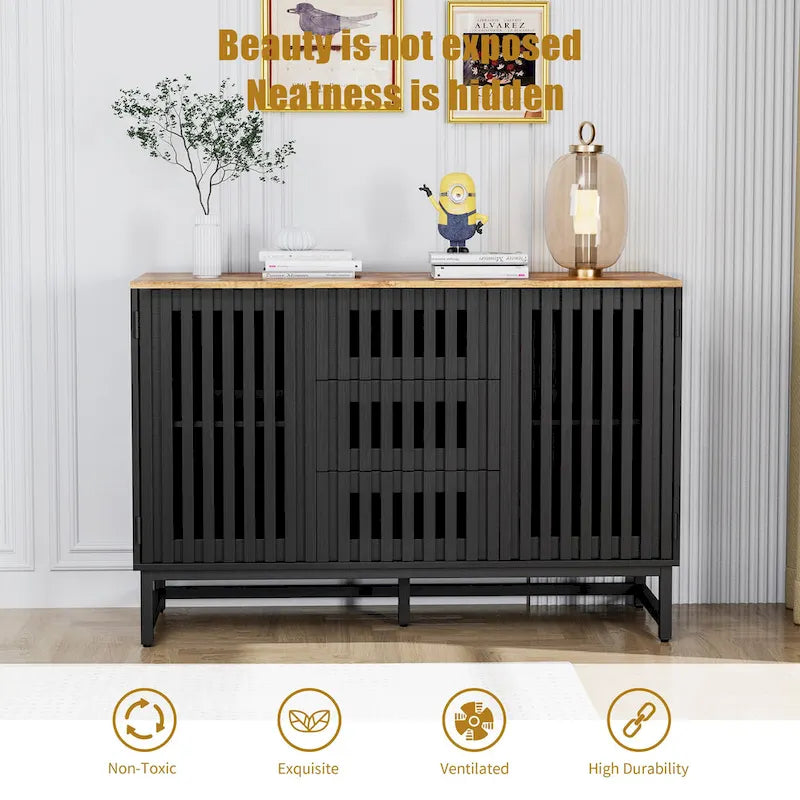 Black Storage Cabinet 3 Drawers 4 Shelves MDF Grille Door Dresser 47.3"x15.8"x30.5" Modern Buffet Sideboard for Living Room Bedroom