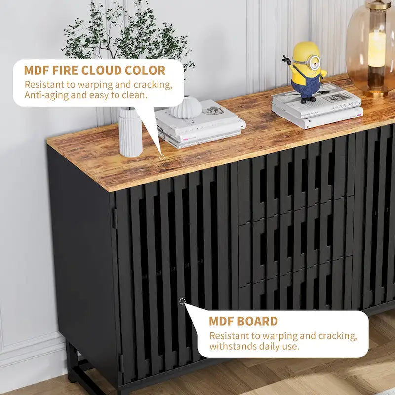 Black Storage Cabinet 3 Drawers 4 Shelves MDF Grille Door Dresser 47.3"x15.8"x30.5" Modern Buffet Sideboard for Living Room Bedroom