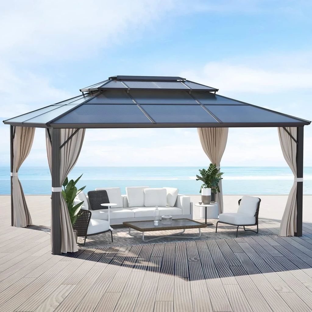 Tonnelle EROMMY à toit rigide, pergola extérieure avec double toit, moustiquaire et rideaux, auvent robuste pour patio, jardin, fête au bord de la piscine