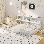 Lit de sol Montessori double/complet avec étagères de rangement et barrières de sécurité Blanc/Gris
