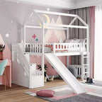 Lit mezzanine jumeau avec toboggan et escalier, lit mezzanine avec tiroirs de rangement, lit mezzanine cabane en bois pour enfants et tout-petits