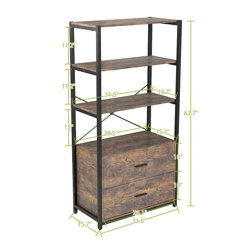 4-Tier Industrial Bookshelf with File Cabinet Drawers, 62.7"H Storage Organizer for Home Office