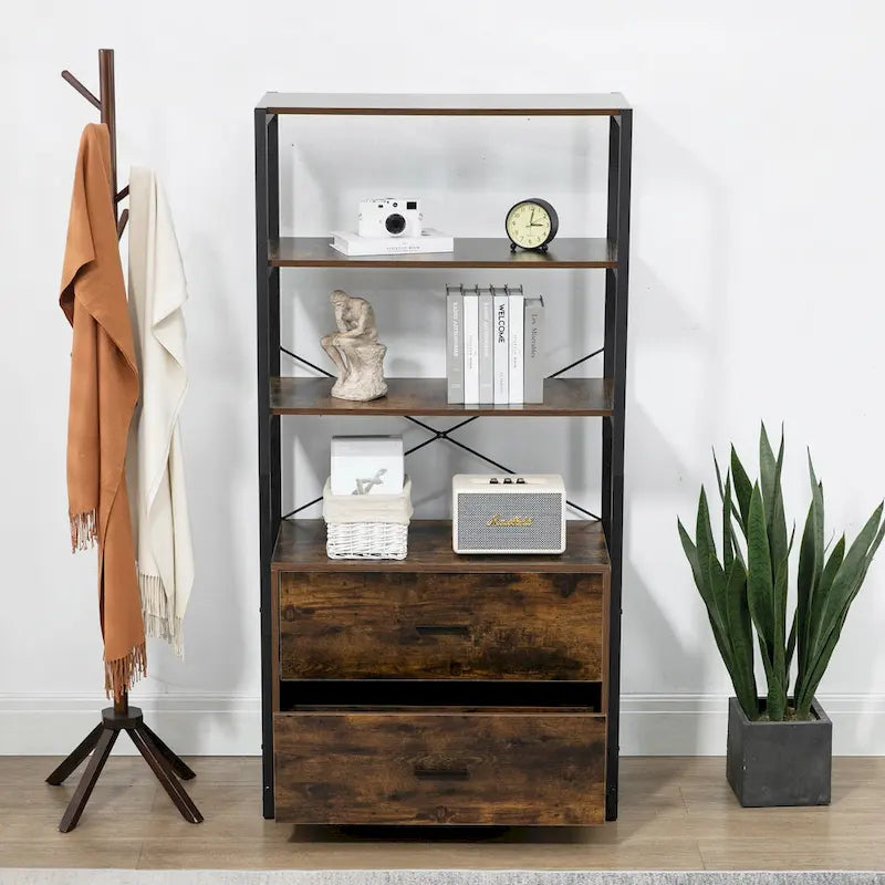 4-Tier Industrial Bookshelf with File Cabinet Drawers, 62.7"H Storage Organizer for Home Office