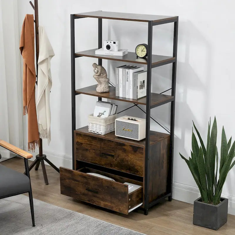 4-Tier Industrial Bookshelf with File Cabinet Drawers, 62.7"H Storage Organizer for Home Office