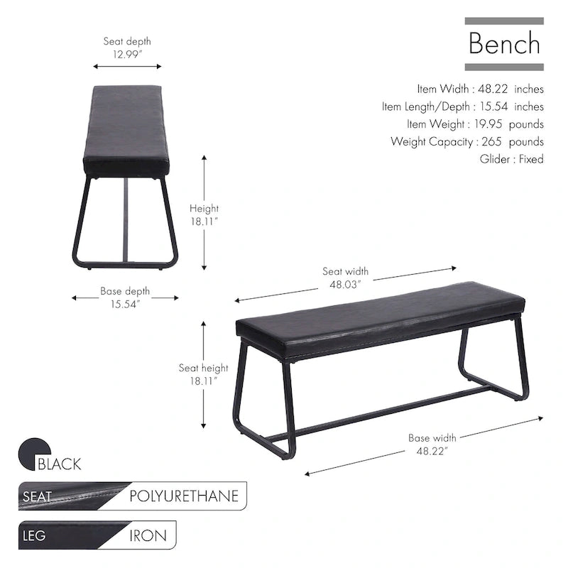 Banc d'entrée 48" avec coussin en cuir PU - Résistant à l'eau, pieds en fer, capacité de 120 kg, design moderne