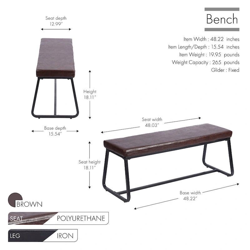 Banc d'entrée 48" avec coussin en cuir PU - Résistant à l'eau, pieds en fer, capacité de 120 kg, design moderne