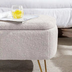 Modern Fuzzy Storage Bench, Upholstered Ottoman with Storage Space and Gold Legs, End of Bed Bench, Footrest Stool