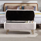 Modern Fuzzy Storage Bench, Upholstered Ottoman with Storage Space and Gold Legs, End of Bed Bench, Footrest Stool