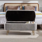 Modern Fuzzy Storage Bench, Upholstered Ottoman with Storage Space and Gold Legs, End of Bed Bench, Footrest Stool