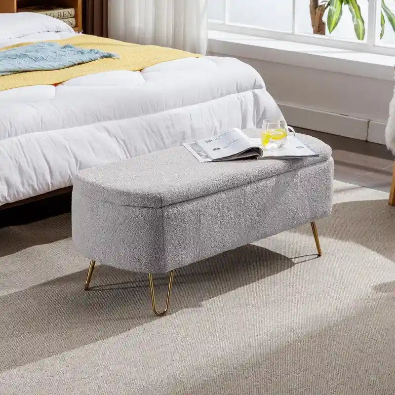 Modern Fuzzy Storage Bench, Upholstered Ottoman with Storage Space and Gold Legs, End of Bed Bench, Footrest Stool