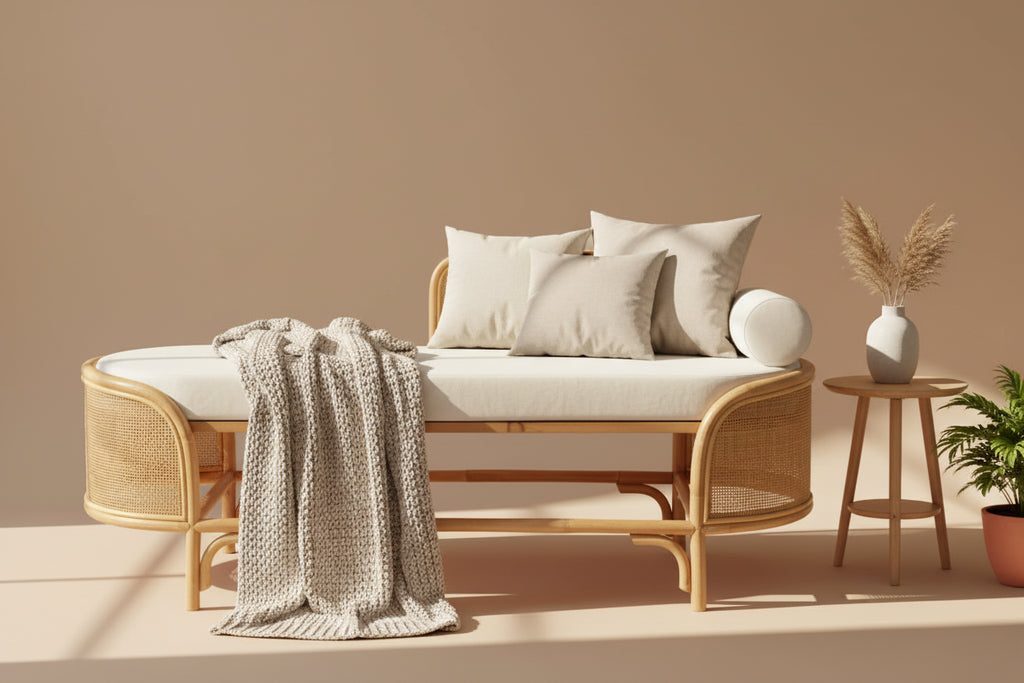 Banc ovale en rotin fait main avec coussin blanc - Siège d'entrée naturel marron 124,5 cm (L) x 45,7 cm (l) x 41,9 cm (H) Meuble d'intérieur