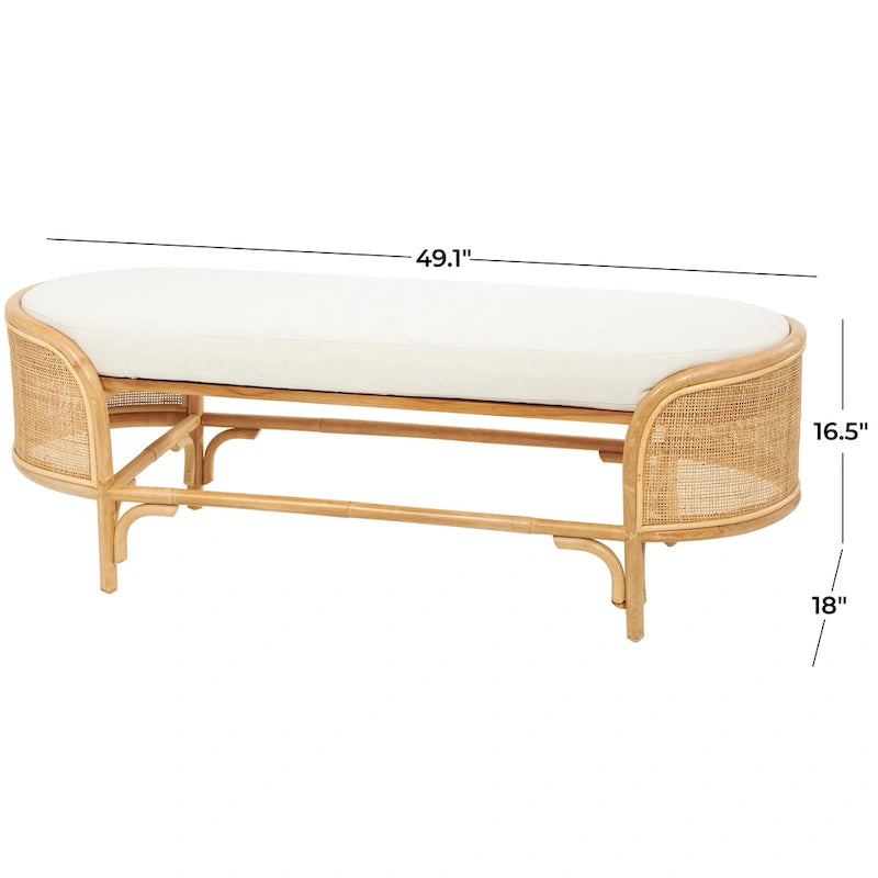 Banc ovale en rotin fait main avec coussin blanc - Siège d'entrée naturel marron 124,5 cm (L) x 45,7 cm (l) x 41,9 cm (H) Meuble d'intérieur