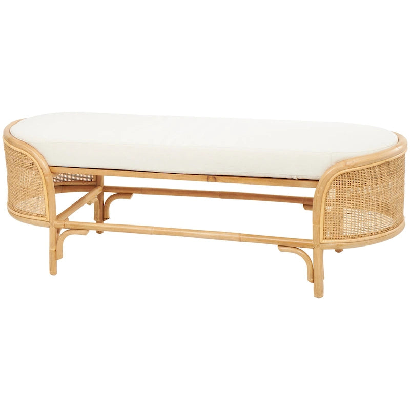 Banc ovale en rotin fait main avec coussin blanc - Siège d'entrée naturel marron 124,5 cm (L) x 45,7 cm (l) x 41,9 cm (H) Meuble d'intérieur