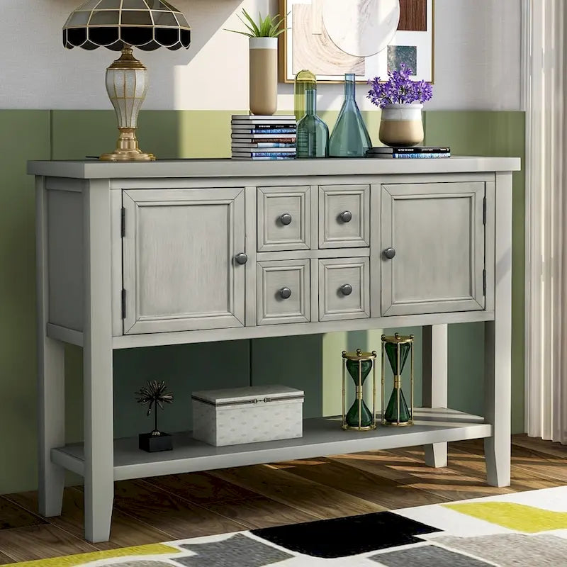 Buffet Commode Console Table Cadre en bois massif 4 tiroirs Étagère inférieure Style vintage élégant Meuble de rangement Meuble de salle à manger