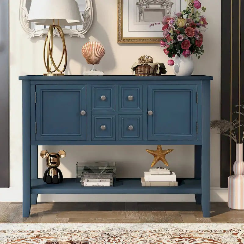 Buffet Commode Console Table Cadre en bois massif 4 tiroirs Étagère inférieure Style vintage élégant Meuble de rangement Meuble de salle à manger
