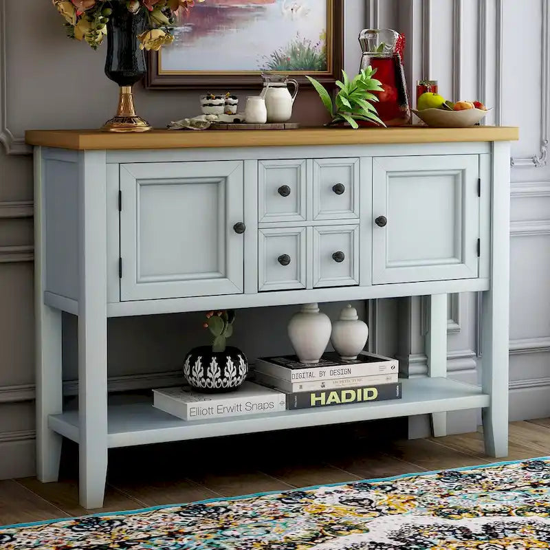 Buffet Commode Console Table Cadre en bois massif 4 tiroirs Étagère inférieure Style vintage élégant Meuble de rangement Meuble de salle à manger