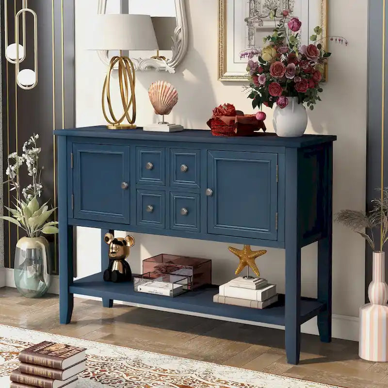 Buffet Commode Console Table Cadre en bois massif 4 tiroirs Étagère inférieure Style vintage élégant Meuble de rangement Meuble de salle à manger