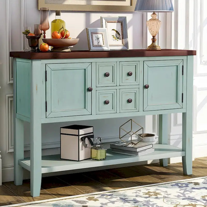 Buffet Commode Console Table Cadre en bois massif 4 tiroirs Étagère inférieure Style vintage élégant Meuble de rangement Meuble de salle à manger