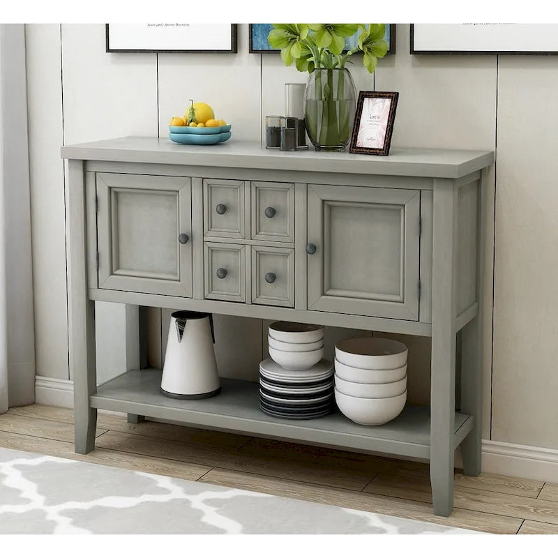 Buffet Commode Console Table Cadre en bois massif 4 tiroirs Étagère inférieure Style vintage élégant Meuble de rangement Meuble de salle à manger