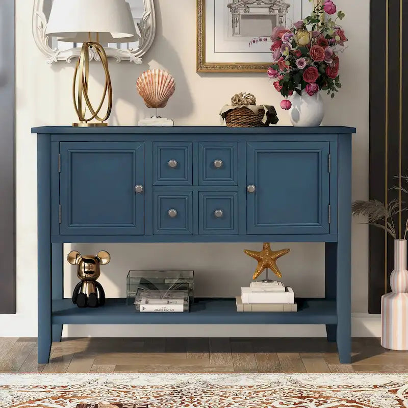 Buffet Commode Console Table Cadre en bois massif 4 tiroirs Étagère inférieure Style vintage élégant Meuble de rangement Meuble de salle à manger