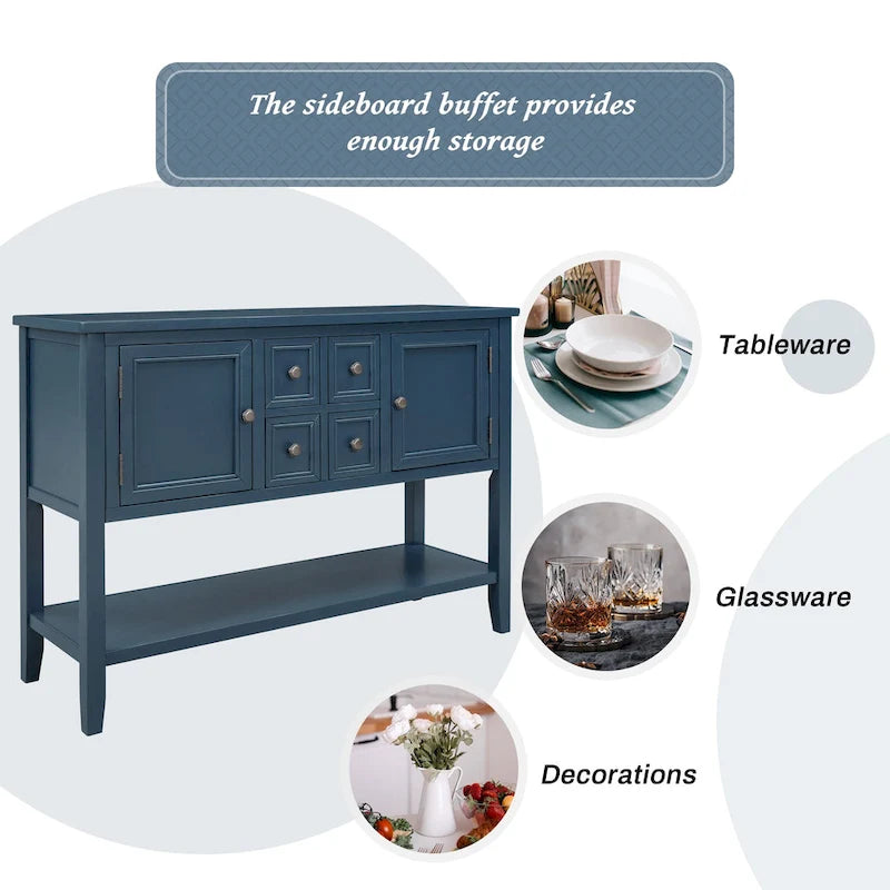 Buffet Commode Console Table Cadre en bois massif 4 tiroirs Étagère inférieure Style vintage élégant Meuble de rangement Meuble de salle à manger