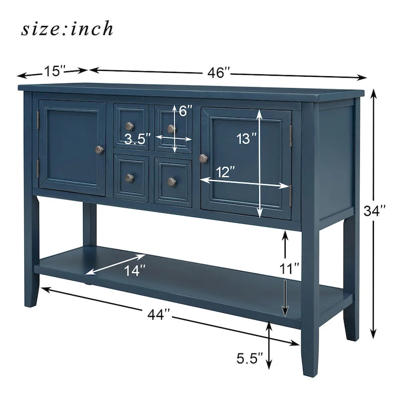 Buffet Commode Console Table Cadre en bois massif 4 tiroirs Étagère inférieure Style vintage élégant Meuble de rangement Meuble de salle à manger