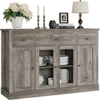 55" Wide Buffet Cabinet with Glass Doors, 3 Drawers & Storage - Modern Farmhouse Sideboard 15.7D x 35.4H