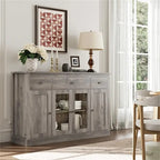 55" Wide Buffet Cabinet with Glass Doors, 3 Drawers & Storage - Modern Farmhouse Sideboard 15.7D x 35.4H