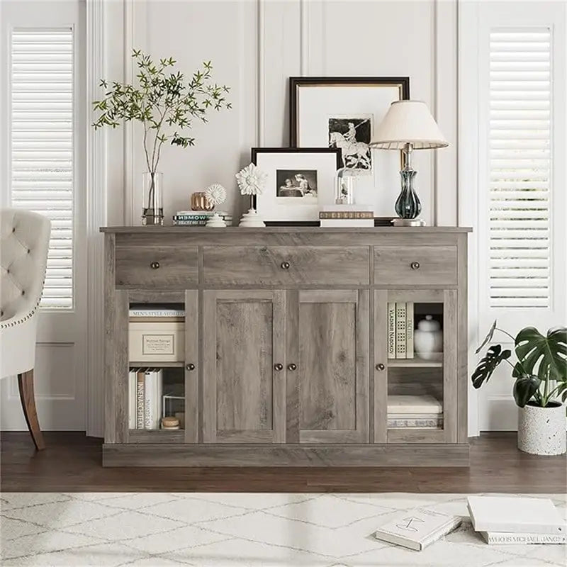 55" Wide Buffet Cabinet with Glass Doors, 3 Drawers & Storage - Modern Farmhouse Sideboard 15.7D x 35.4H