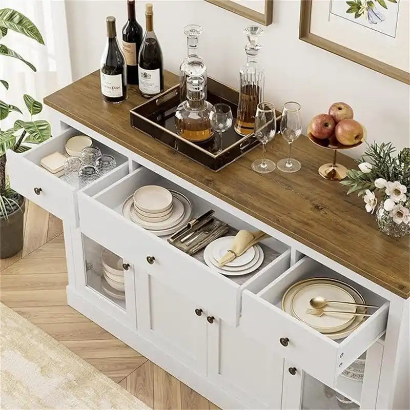 55" Wide Buffet Cabinet with Glass Doors, 3 Drawers & Storage - Modern Farmhouse Sideboard 15.7D x 35.4H