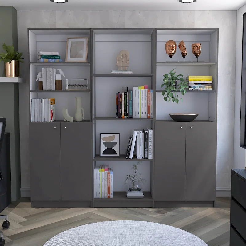 3-Piece Bookcase Set 74" Wide with 4 Shelves & Double Door Cabinets - Modern Storage Solution