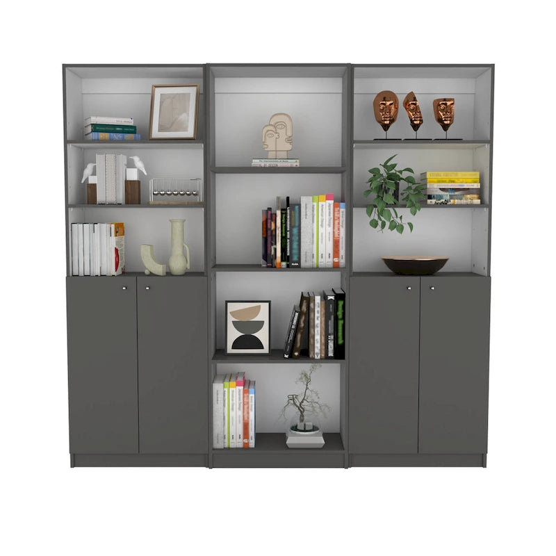 3-Piece Bookcase Set 74" Wide with 4 Shelves & Double Door Cabinets - Modern Storage Solution