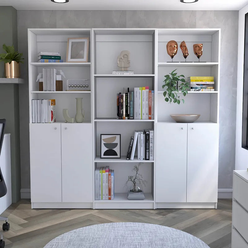 3-Piece Bookcase Set 74" Wide with 4 Shelves & Double Door Cabinets - Modern Storage Solution