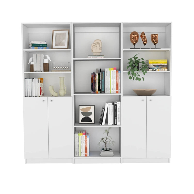 3-Piece Bookcase Set 74" Wide with 4 Shelves & Double Door Cabinets - Modern Storage Solution