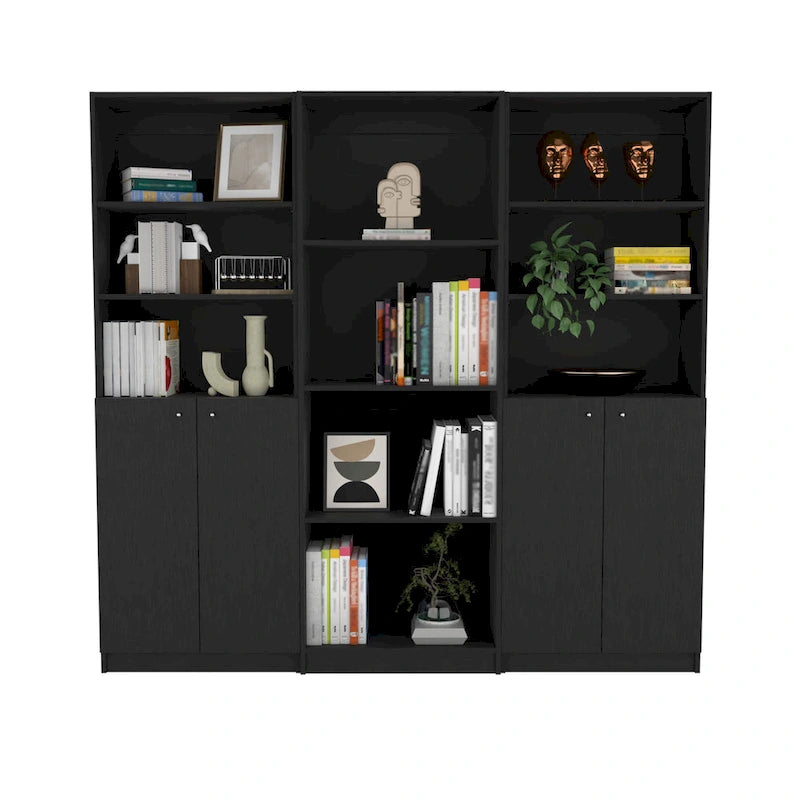 3-Piece Bookcase Set 74" Wide with 4 Shelves & Double Door Cabinets - Modern Storage Solution