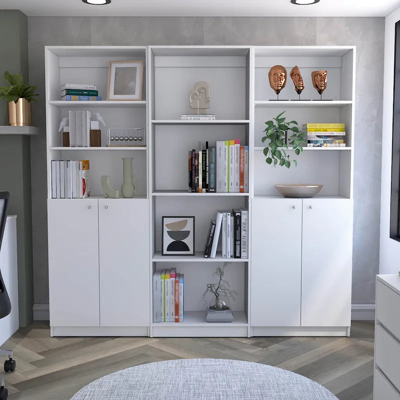3-Piece Bookcase Set 74" Wide with 4 Shelves & Double Door Cabinets - Modern Storage Solution