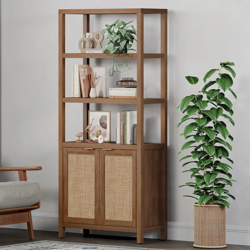 Étagère à Livres en Rotin à 5 Niveaux avec Armoire de Rangement - Style Ferme Bohème, Bibliothèque Haute et Étroite de 180 cm, Étagère d'Exposition Autoportante