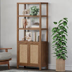 Étagère à Livres en Rotin à 5 Niveaux avec Armoire de Rangement - Style Ferme Bohème, Bibliothèque Haute et Étroite de 180 cm, Étagère d'Exposition Autoportante