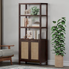 Étagère à Livres en Rotin à 5 Niveaux avec Armoire de Rangement - Style Ferme Bohème, Bibliothèque Haute et Étroite de 180 cm, Étagère d'Exposition Autoportante