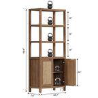 Étagère à Livres en Rotin à 5 Niveaux avec Armoire de Rangement - Style Ferme Bohème, Bibliothèque Haute et Étroite de 180 cm, Étagère d'Exposition Autoportante