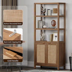 Étagère à Livres en Rotin à 5 Niveaux avec Armoire de Rangement - Style Ferme Bohème, Bibliothèque Haute et Étroite de 180 cm, Étagère d'Exposition Autoportante