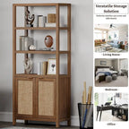 Étagère à Livres en Rotin à 5 Niveaux avec Armoire de Rangement - Style Ferme Bohème, Bibliothèque Haute et Étroite de 180 cm, Étagère d'Exposition Autoportante