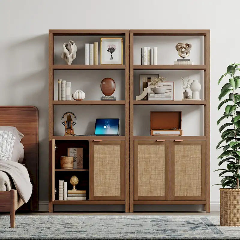 Étagère à Livres en Rotin à 5 Niveaux avec Armoire de Rangement - Style Ferme Bohème, Bibliothèque Haute et Étroite de 180 cm, Étagère d'Exposition Autoportante