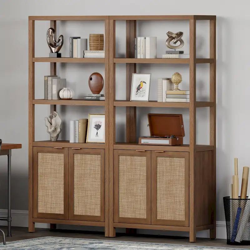 Étagère à Livres en Rotin à 5 Niveaux avec Armoire de Rangement - Style Ferme Bohème, Bibliothèque Haute et Étroite de 180 cm, Étagère d'Exposition Autoportante